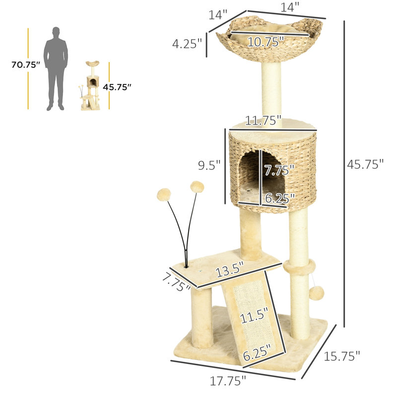 Arbre à chat pour petits chats - 45 po avec poteaux à griffer, rampe, plateformes, lit dans le salon beige