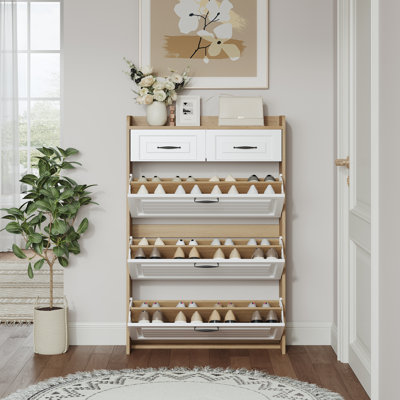 Armoire à chaussures trois portes et deux tiroirs rotatifs 18 à 24 paires de grande capacité armoire à chaussures minimaliste moderne