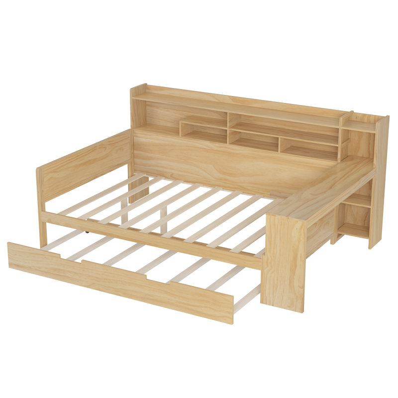 Multi-functional Daybed With Desk, Trundle And Bookcase, Full, Natural