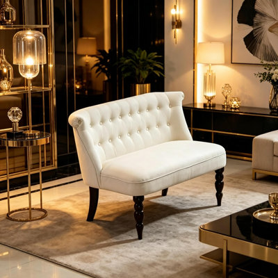 Canapé sans accoudoirs d'inspiration rétro, causeuse élégante, deux places, causeuse capitonnée rétro avec dossier incurvé, siège élégant pour le salon ou la chambre à coucher