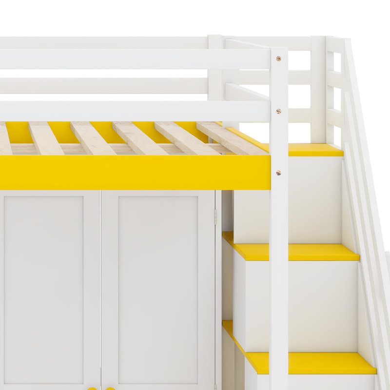 Multifunctional Loft Bed Featuring Built-In Stair Storage, Vanity Desk, Wardrobe, USB Ports & LED Lights, White/Yellow