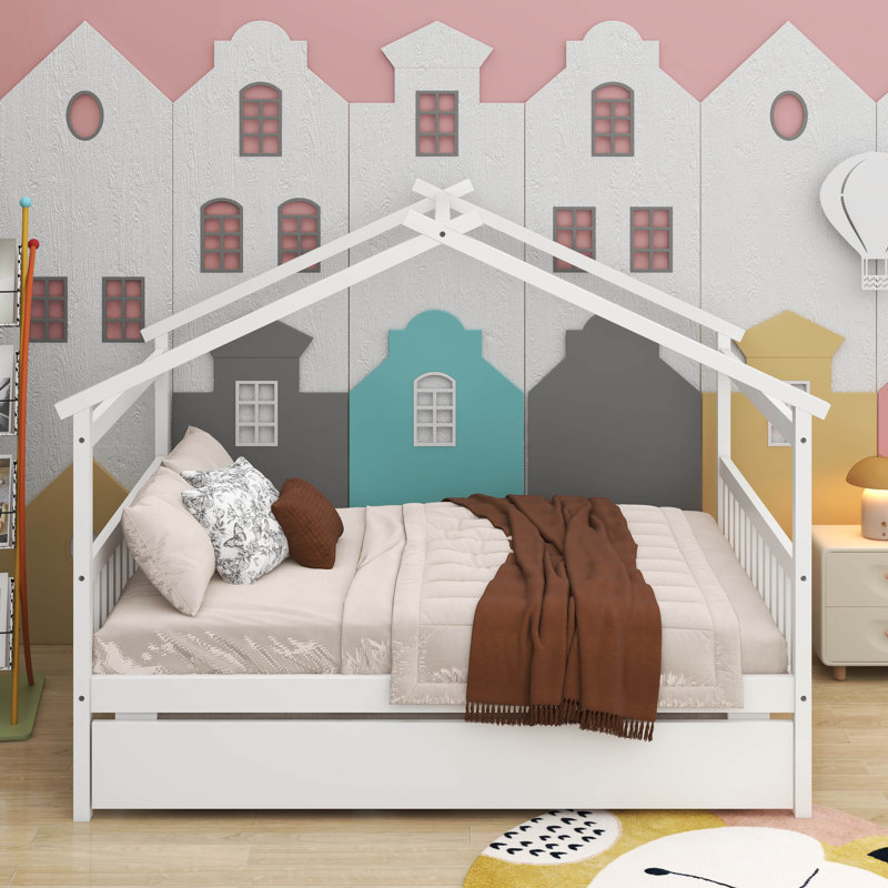 Lit double en bois avec lit gigogne, Double, Blanc