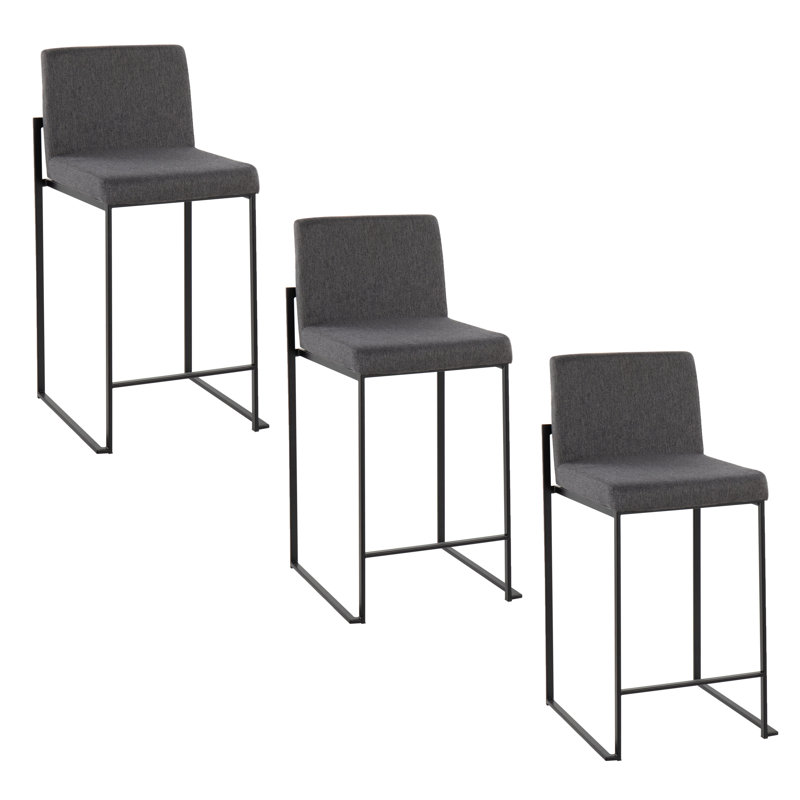 Brieon High Back Upholstered Bar & Counter Stool (Set of 3), Counter Stool (26" Seat Height), Charcoal Fabric/Black