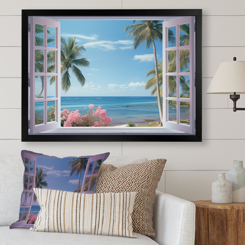 Vue sur l'océan tropical à travers une fenêtre blanche ouverte - art mural sur toile côtière, H 16 po x l 32 po x P 1 po