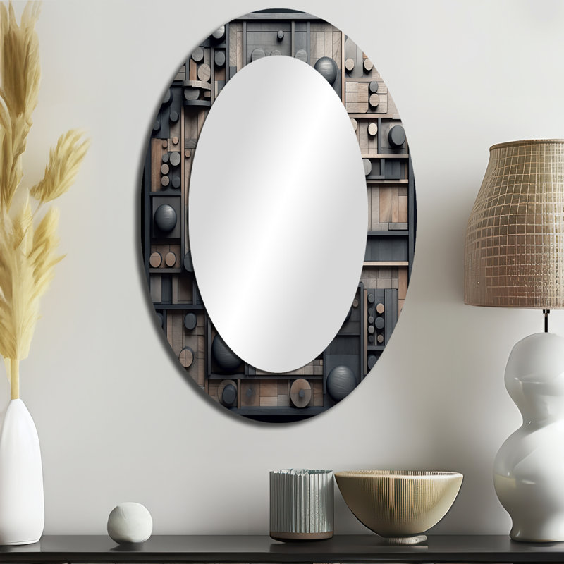 Cubic Geometric Dreams II - Grand miroir mural ovale sur métal, 36 po x 24 po