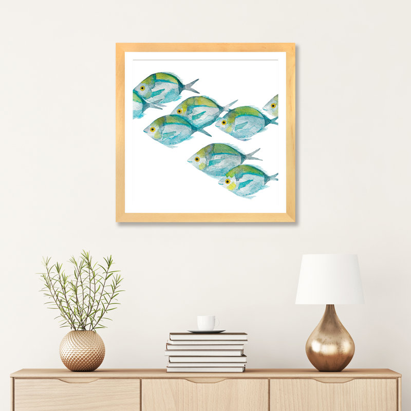 Poissons - Imprimé, Papier avec cadre beige, Blanc, H 24 po x l 24 po x p 1 po