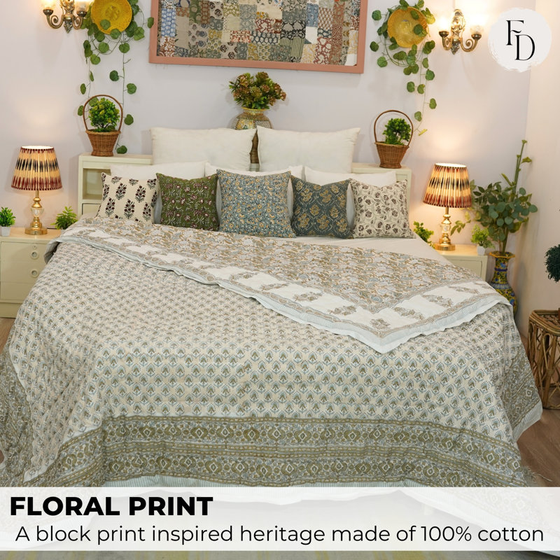 Fabdivine Luxury Block Print Cotton Quilt Floral Boho Bedding for Bedroom & Sofa, Twin, Brown