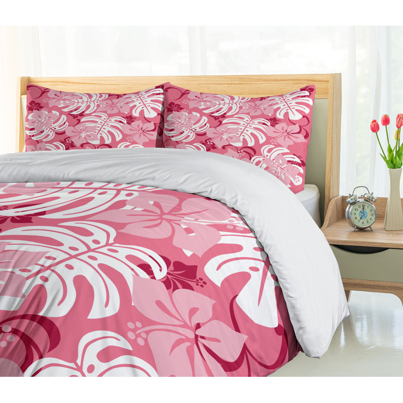 Pink and White Hibiscus Flower Queen Duvet Cover Set