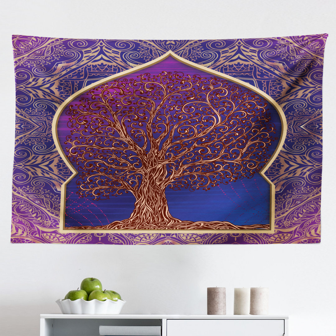 Wandbehang Baum mit gebogenen blattlosen Zweigen Nahost Marokkanischer Bogen Retro Kunst Design