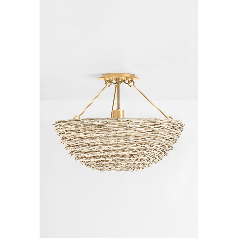 Vintage Gold Leaf Woven Wicker Semi Flush Mount Light