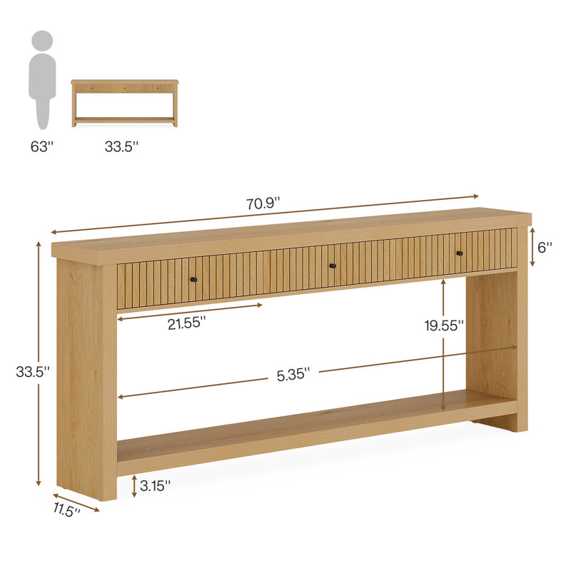 70.9 Inch Wood Console Table Long Sofa Table with 3 Drawers, Natural