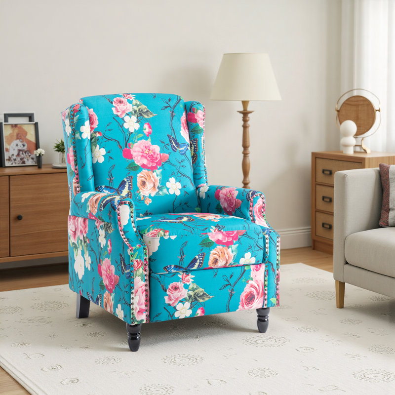 Manual Standard Push Back Recliner, Peacock Blue Abstract
