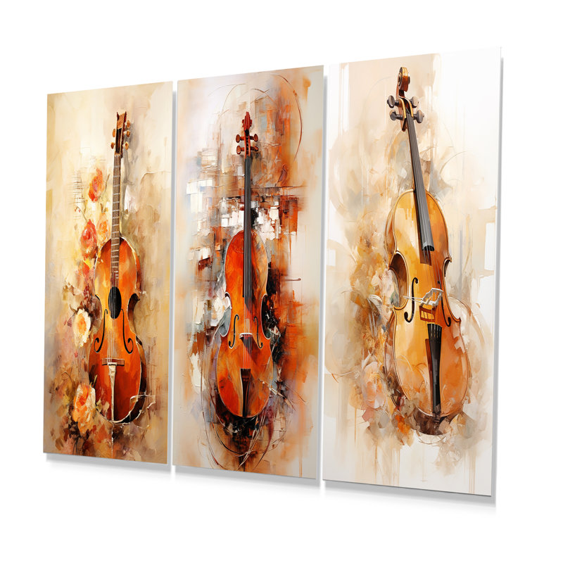 Violin Mandolin Melody Sienna Serenade - Music Metal Wall Art Prints Set Of 3, 28" H x 36" W