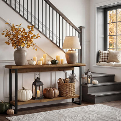 63" Solid Wood Console Table with Metal Legs, Farmhouse Entryway Entry Table for Entrance, Narrow Long Sofa Table Behind Couch for Living Room, Dark Brown