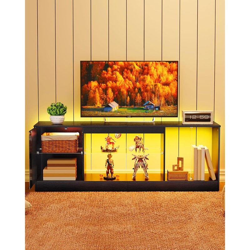 Meuble télé noir moderne pour téléviseur de 55 à 65 po, centre de divertissement avec lumières DEL, prises de courant et tablettes réglables en verre