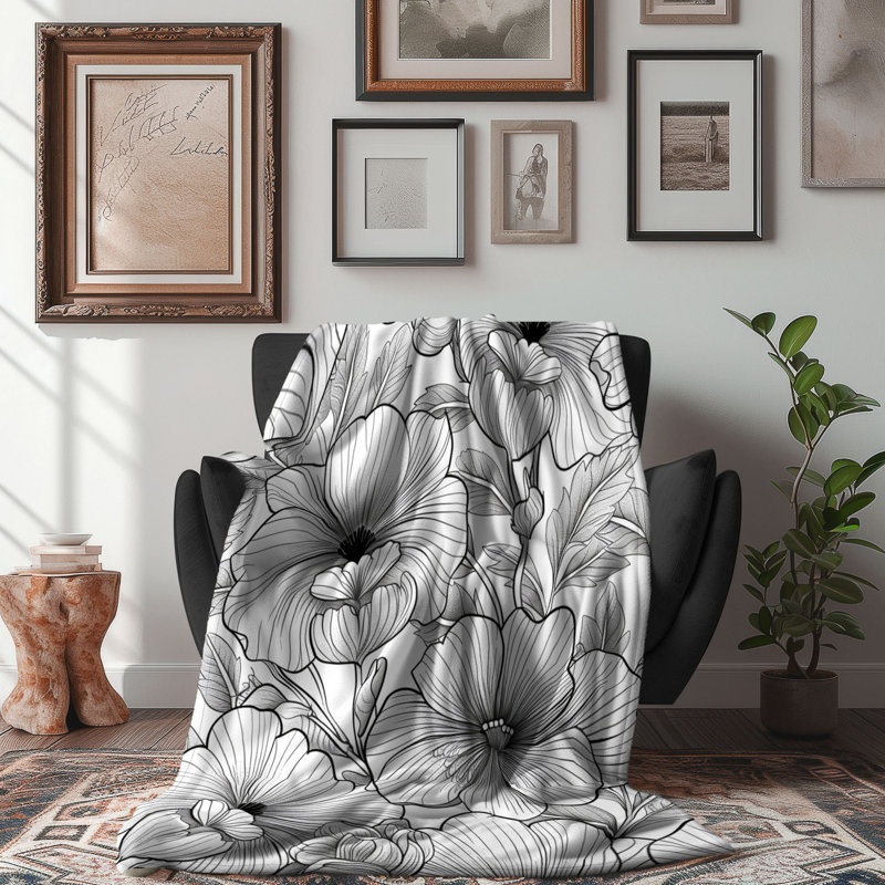 Croquis de fleurs noires et blanches - couverture en sherpa de qualité supérieure 1 pièce, Grand lit