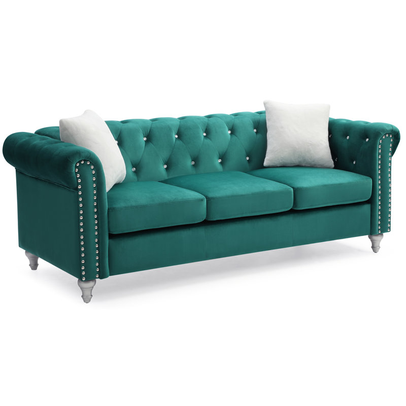 Julianne 82" Rolled Arm Chesterfield Sofa, Green Microfiber/Microsuede