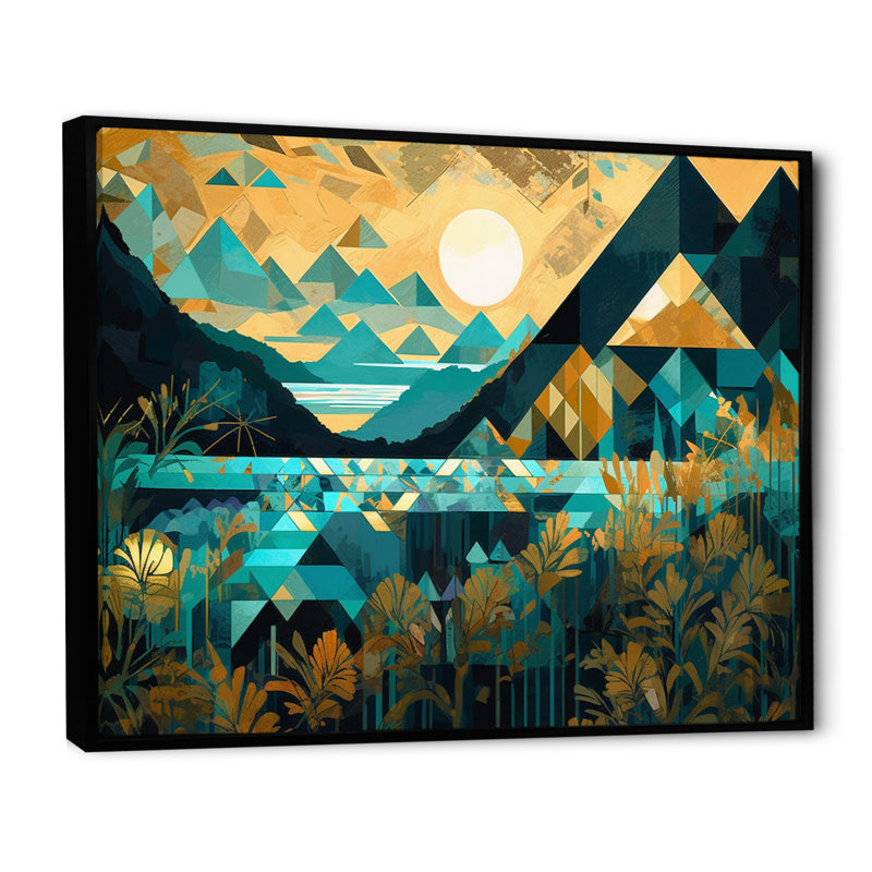 Bleu sarcelle et turquoise, paysages symétriques, reproduction sur toile, H 12 po x l 20 po x P 1 po, Cadre flottant noir
