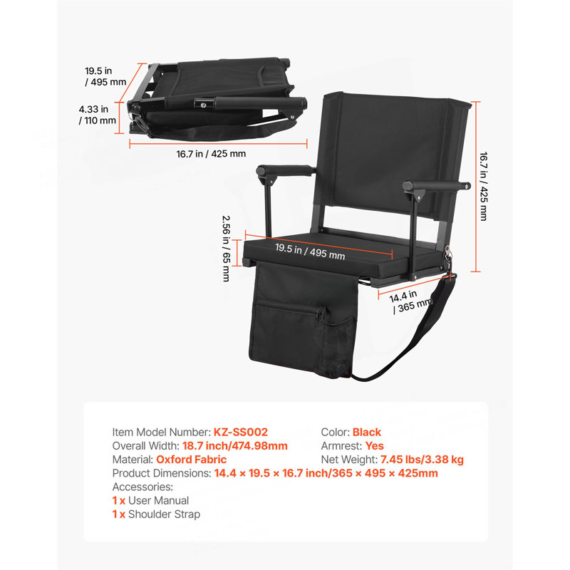 Stadium Seat, Portable Bleacher Seat with Armrest, Back Support and Thick Cushion, Bench Chair for Bleacher Includes Shoulder Strap, Hooks, Cup Holder, Black Football Bleachers Seats, 1PCS