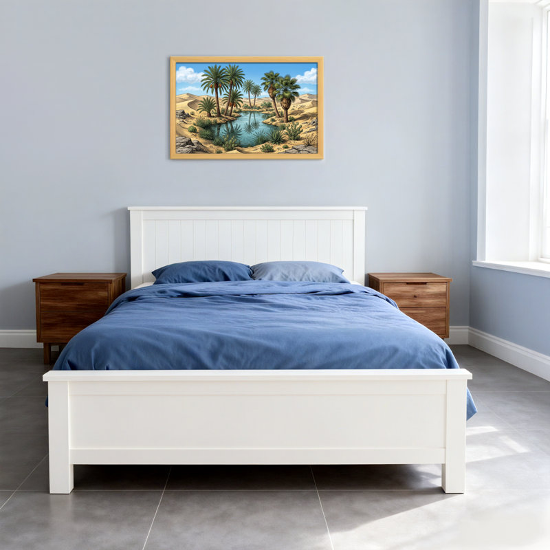 Désert, oasis, palmiers, reflet de l'eau, dunes de sable, ciel bleu, H 12 po x l 18 po, Grain de bois clair