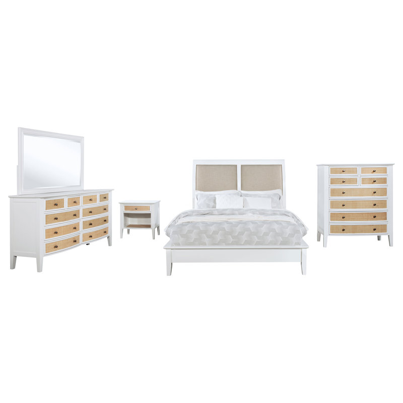 Ensemble de chambre pour grand lit 5 pièces Heo, tiroir tissé en rotin, tissu brun, blanc, Grand lit
