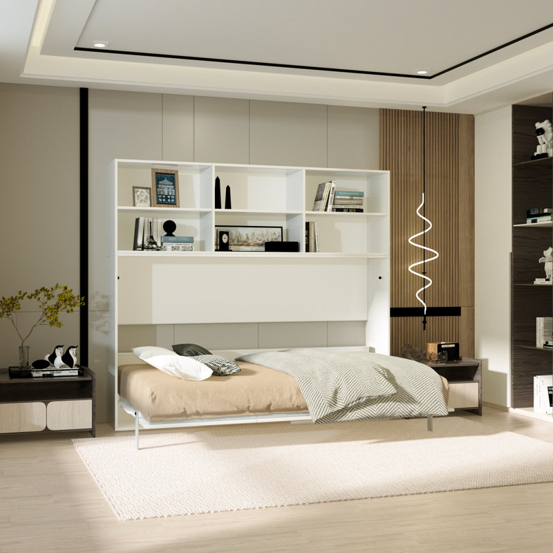 Lit pour chambre à coucher - Lit simple avec tablette et tablette de rangement en métal et contreplaqué, conception moderne