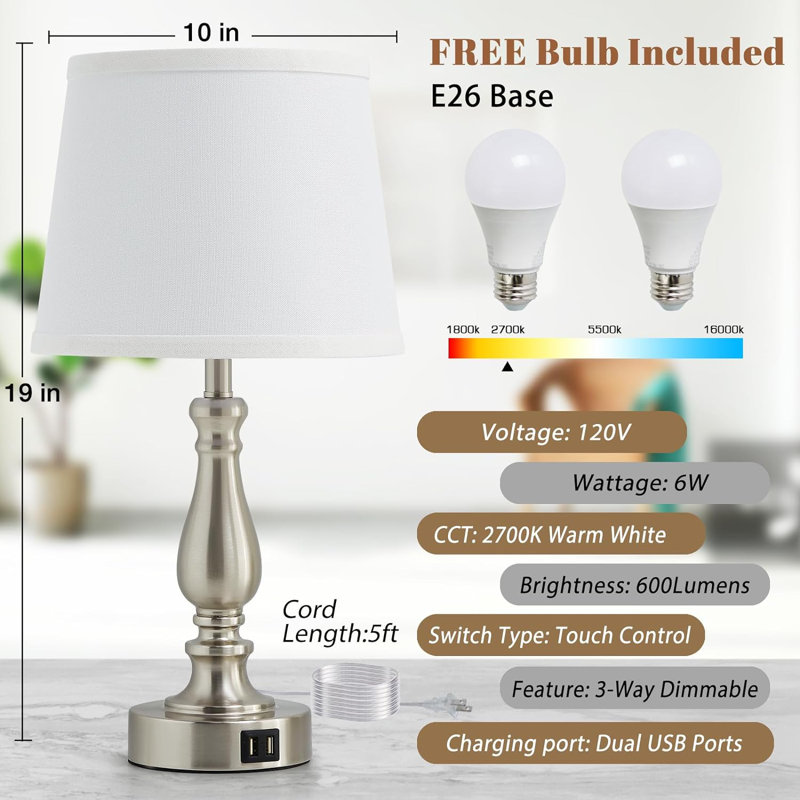 Lamps For Bedrooms Set Of 2, Bedside Lamps With USB Ports, 3 Way Dimmable Nightstand Lamps With Fabric Lampshade, Touch Table Lamp For Living Room Bedroom Office, Bulbs Included
