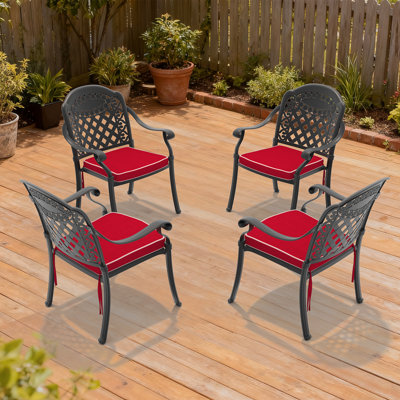 Chaise de patio en fonte d'aluminium 4 pièces avec cadre noir et coussins rouges