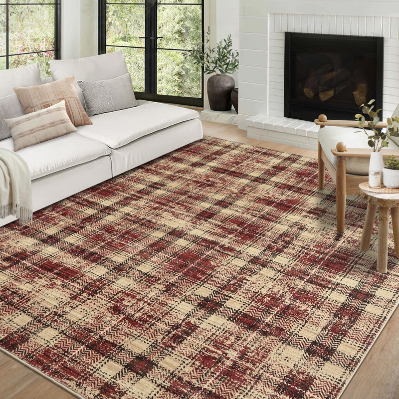 Tapis moderne lavable à la machine Gingham, Rectangle 9 pi x 12 pi