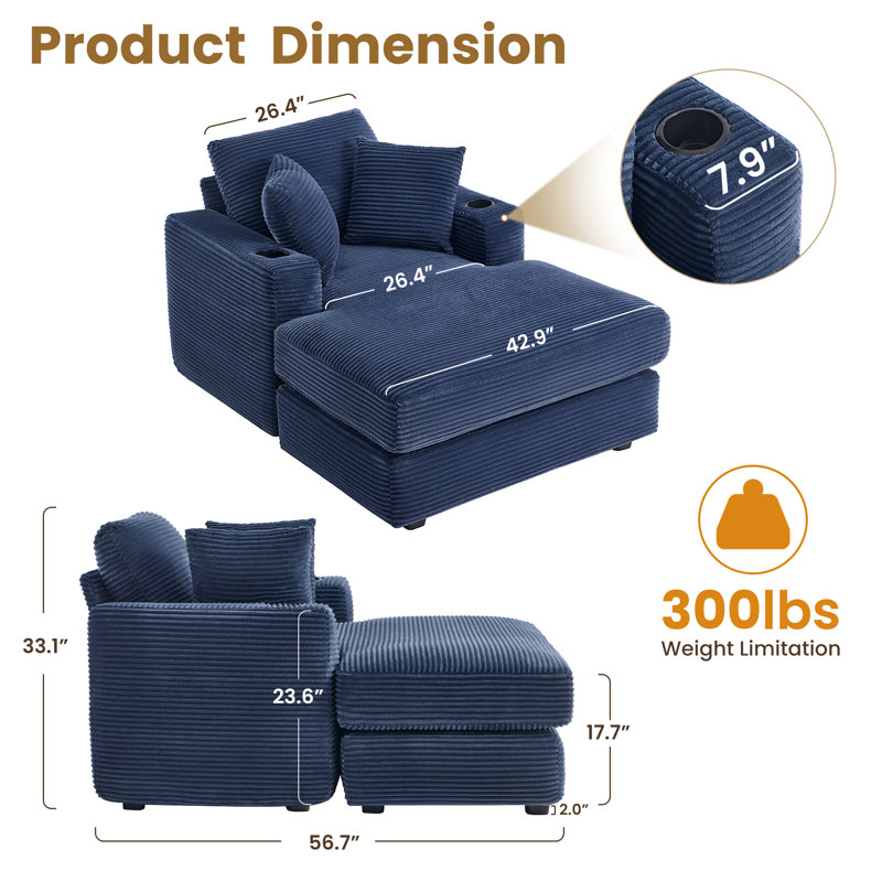 43" Upholstered Corduroy Chaise Lounge & Sofa Bed With Cup Holders, Navy