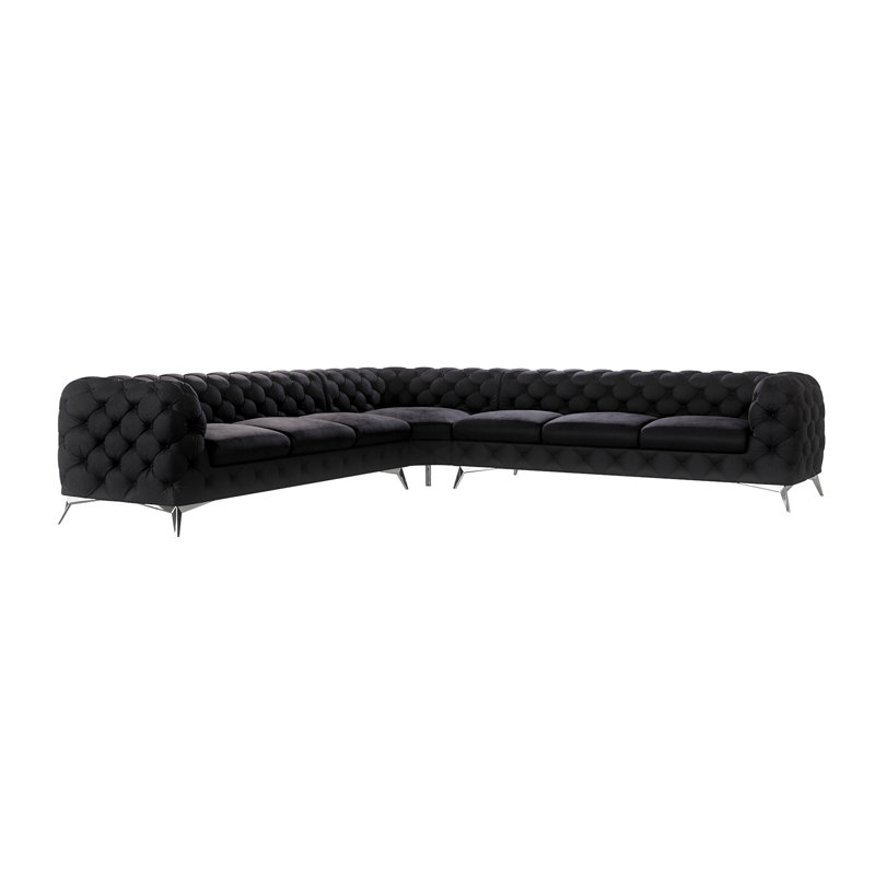 Chesterfield Corner Sofa L-Shape  with Silver Metal Legs, Black