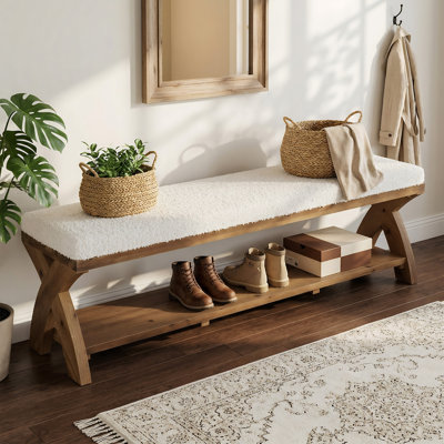 Solid Wood Upholstered Shoe Bench With Storage Shelf