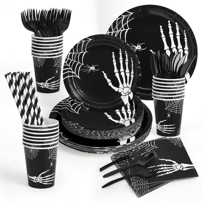 Ensemble de 215 pièces de vaisselle pour fête d'Halloween jetables avec assiettes. Serviettes. Tasses. Ensemble de vaisselle d'Halloween pour servir 25 personnes