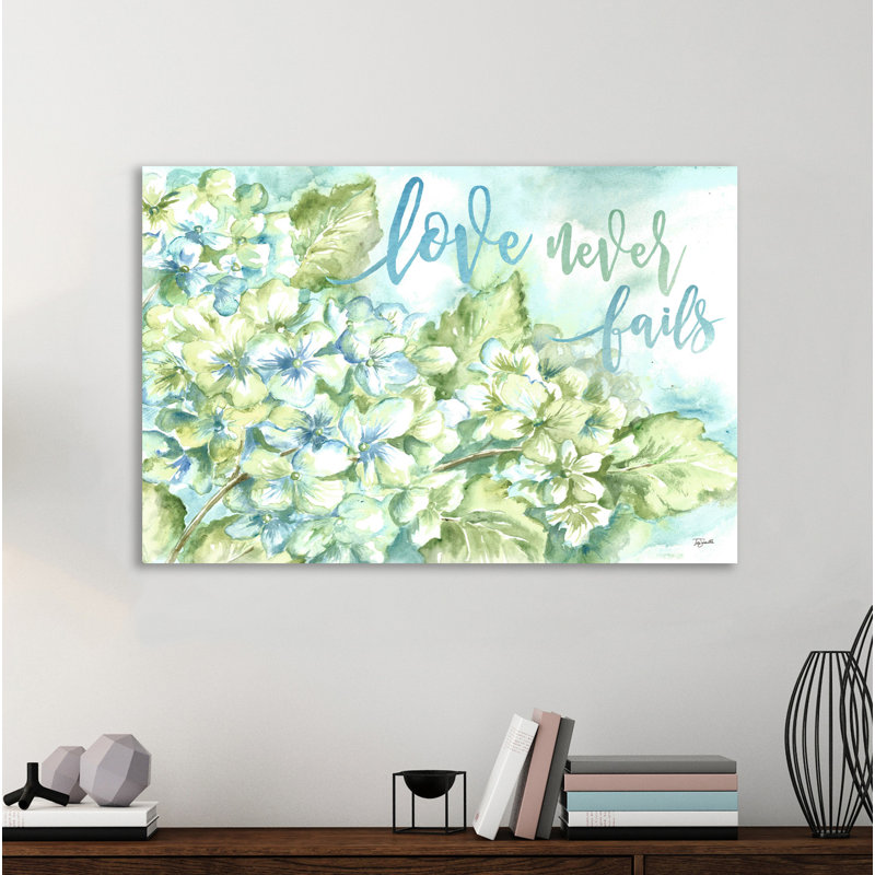 « aquarelle hortensias : love never unechec », reproduction de peinture à l’aquarelle sur toile tendue, 10 po x 15 po