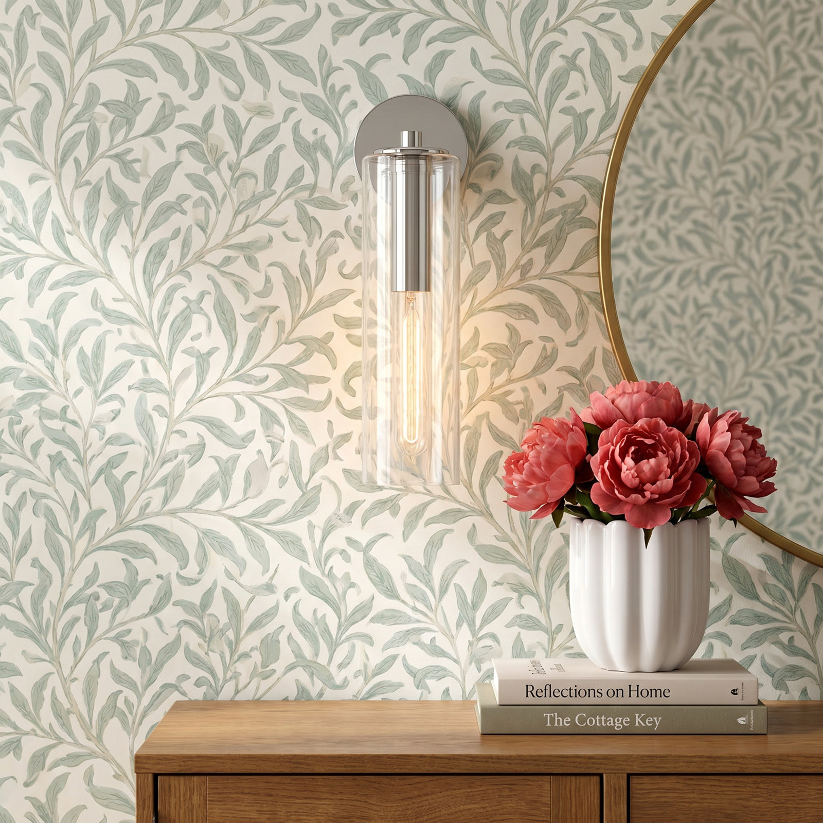 Adreille Single Light Glass Dimmable Armed Sconce, Polished Nickel