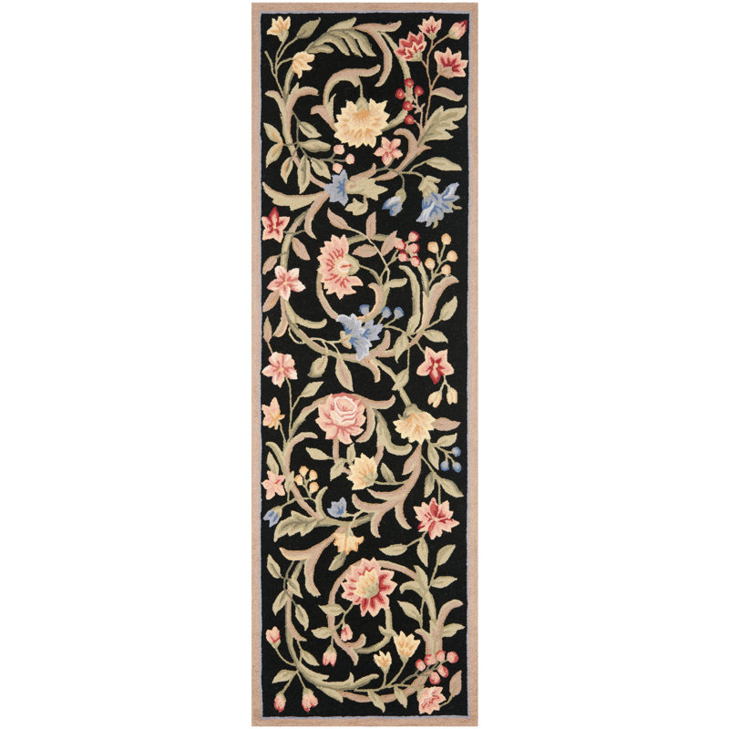 Hollander Floral Handmade Hooked Wool Black/Beige Area Rug, Runner 2'6" x 8'