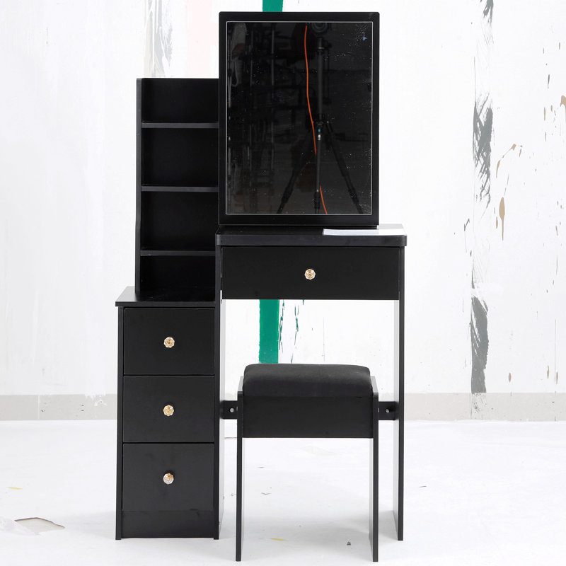 Compact Left-Sided Bedside Vanity Set With Cushioned Stool, Extra-Large Sliding Mirror, Multi-Layer Storage, And High-Capacity Design (EPA, GCC, UL Certified)