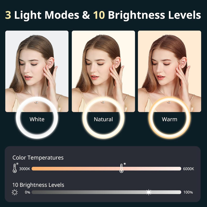 Anneau professionnel 12 po avec support et support pour téléphone, lumière circulaire à DEL à intensité variable avec support pour micro et télécommande Bluetooth pour téléphone portable / Android, enregistrement vidéo, diffusion en direct, pho