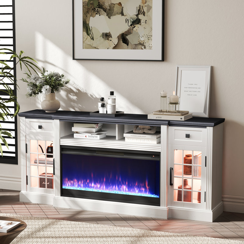 Farmhouse  Fireplace Tv Stand  For Tvs Up To 80" With 36" Electric Fireplace, Large Highboy Entertainment Center With Led Lights, Glass Door Cabinet & Storage Drawer