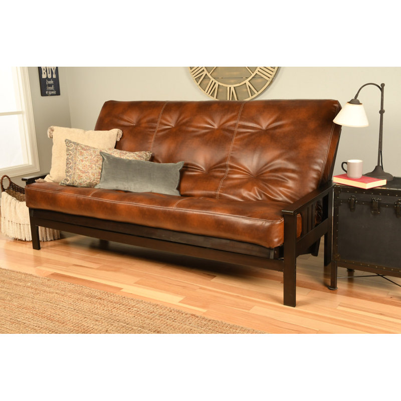 Stratford 86" Queen Futon and Mattress, Espresso, Oregon Trail Saddle Faux Leather