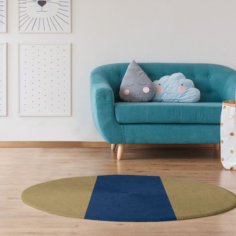 Tapis rayé doré / bleu marine, Rond 5 pi