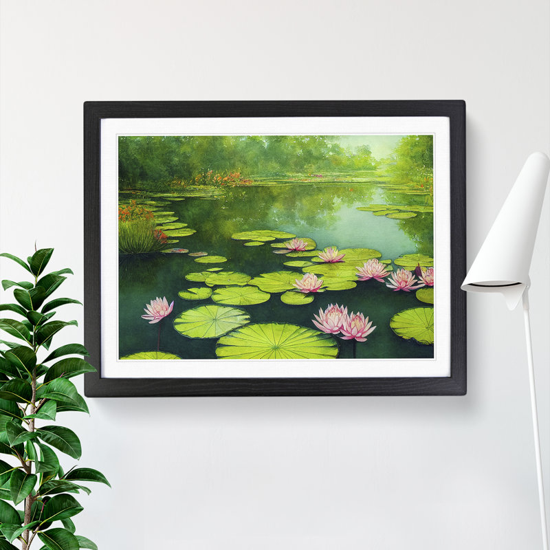 Lily Pond Watercolour Vol.5 - Single Picture Frame Print, Black, 46cm H x 64cm W