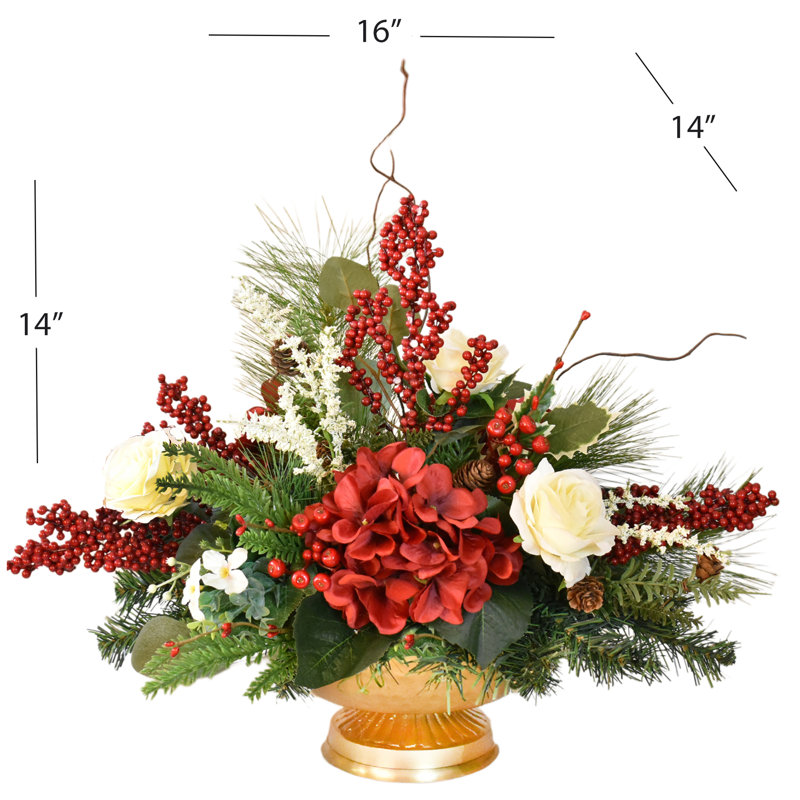 Red Berry, Hydrangea & White Rose Centerpiece with in  Gold Vase