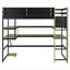 Structure de lit mezzanine simple en bois vert sauge, lit de salle de jeux avec bureau intégré, tablettes à plusieurs rangements et éclairage RVB