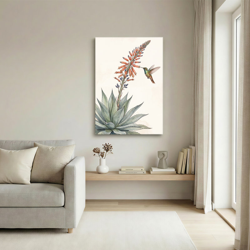 Tableau sur toile aquarelle représentant une plante d'agave et un colibri, H 24 po x l 16 po