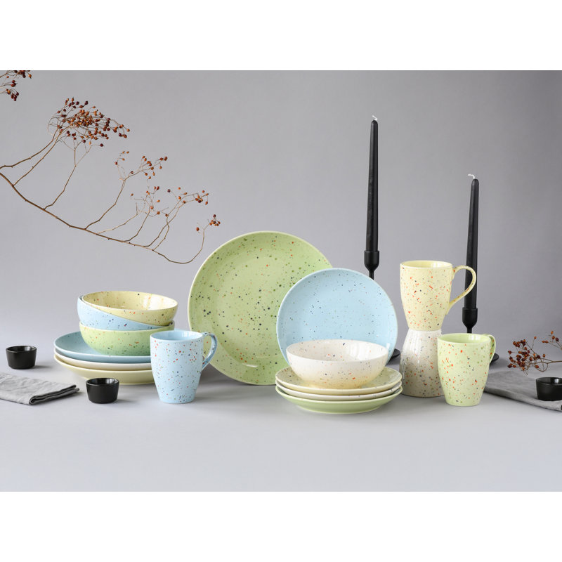 Confetti Piece Stoneware Dinnerware Set - Service for 4, Blue/Green/Yellow/Cream