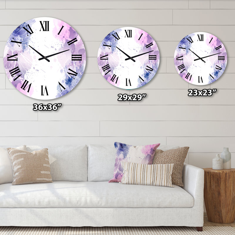 Horloge murale moderne mauve et rose avec éclaboussures colorées I, Moyenne