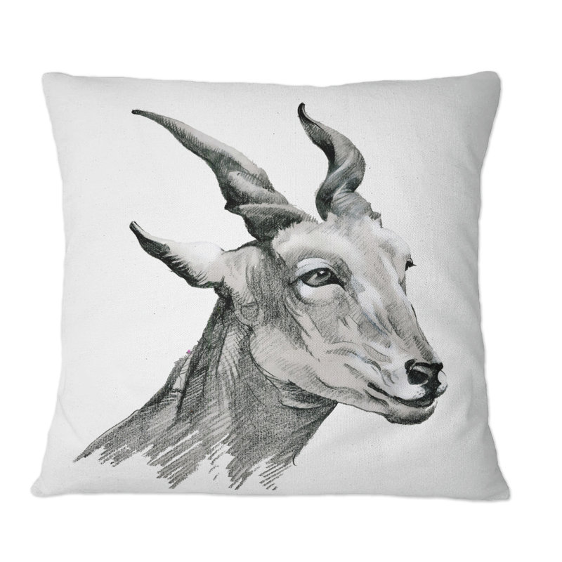Portrait monochrome d'une chèvre - Coussin décoratif à imprimé traditionnel, 18 po x 18 po