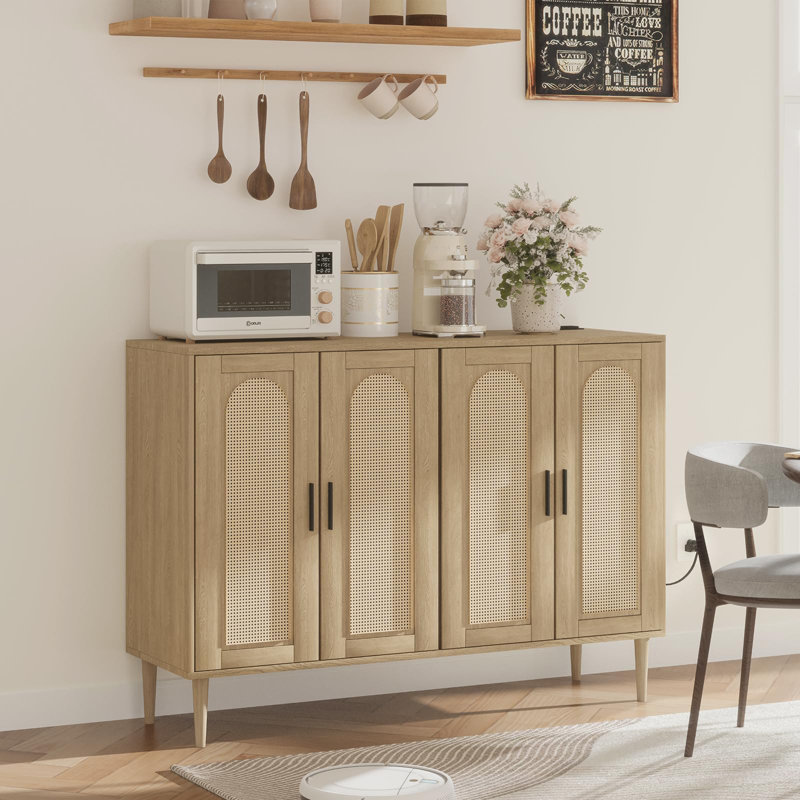 48" Rattan Sideboard Buffet Cabinet With 4 Doors, Adjustable Shelves, Built-In Power Outlet, Versatile Console Table For Kitchen, Dining Room, Living Room