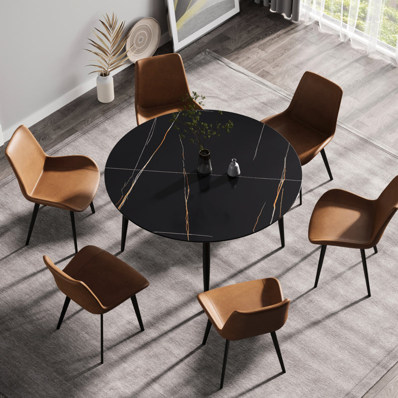 6 Black Round Dining Table With Impermeable Sintered Stone Top Surface For 6